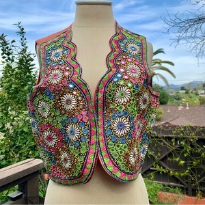 Beautiful VINTAGE 60s 70s Colorful Floral Embroidered Mirrored Satin Vest